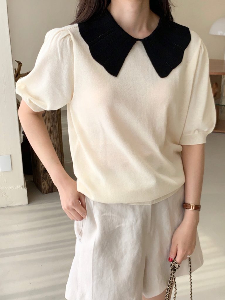 Korean Chic Summer French Hepburn Collar Color Block Knit Top for Women