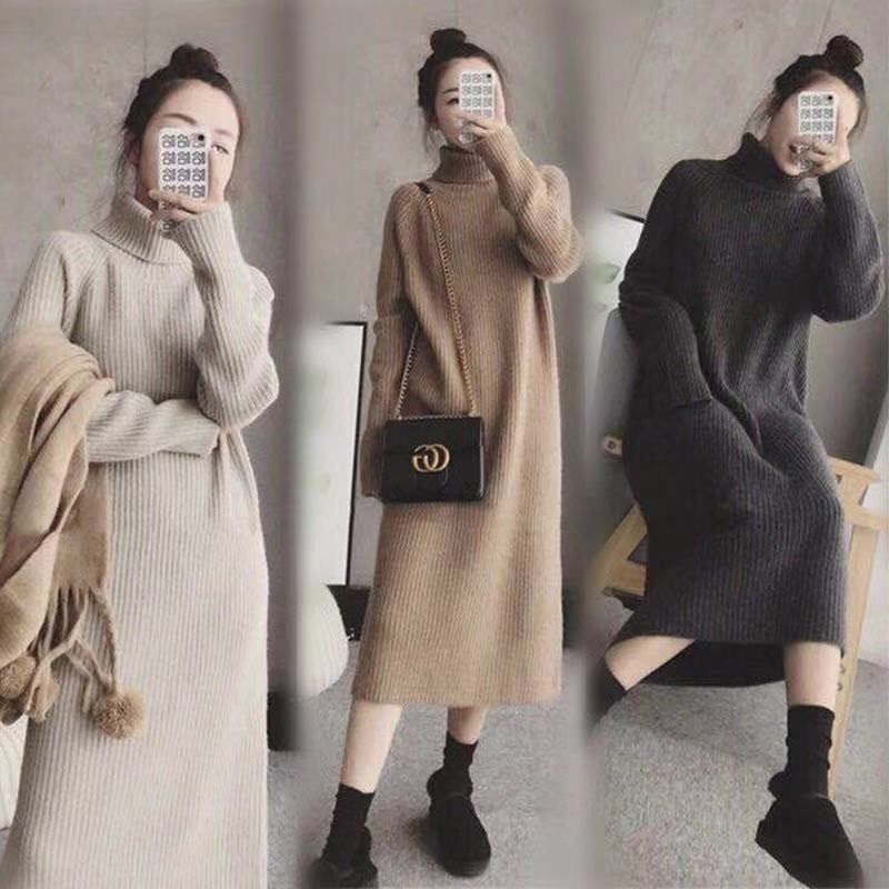 Women's Winter Thick Loose Turtleneck Mid-Long Plus Size Knit Sweater Dress