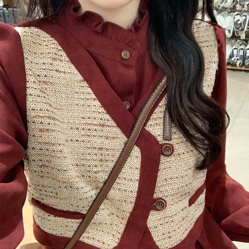 Elegant Red Faux Two-Piece Dress with Long Sleeves - 2024 Autumn Retro Style