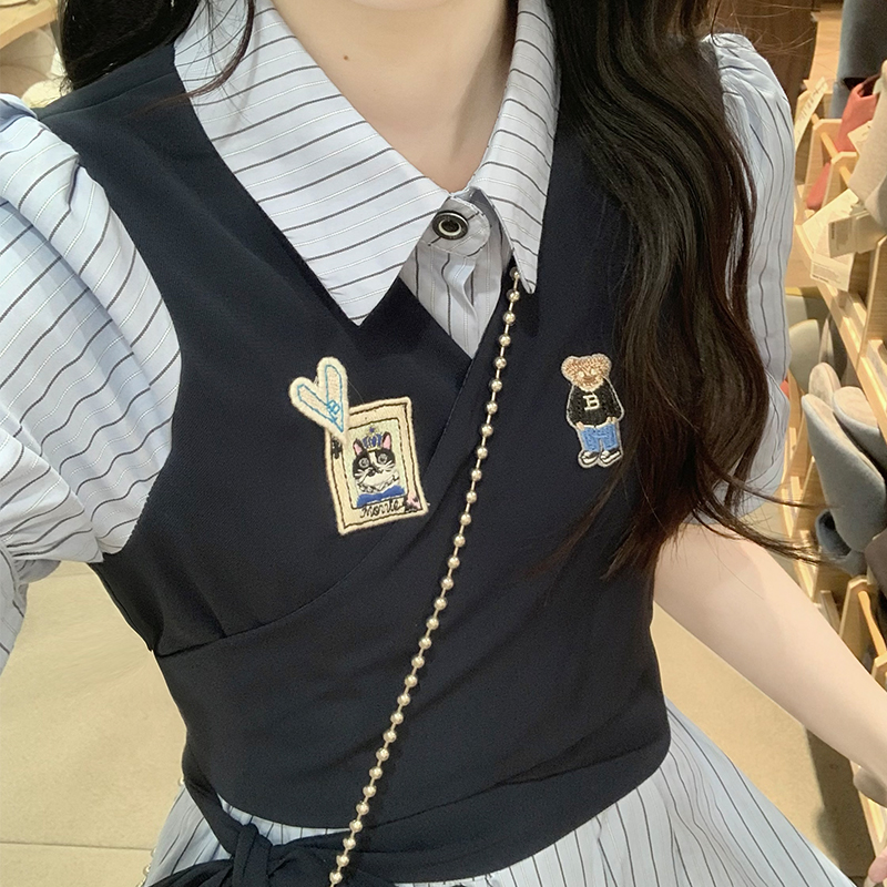 Preppy Striped Shirt Dress Women Summer French Style Petite Interview Fake Two Piece Dress