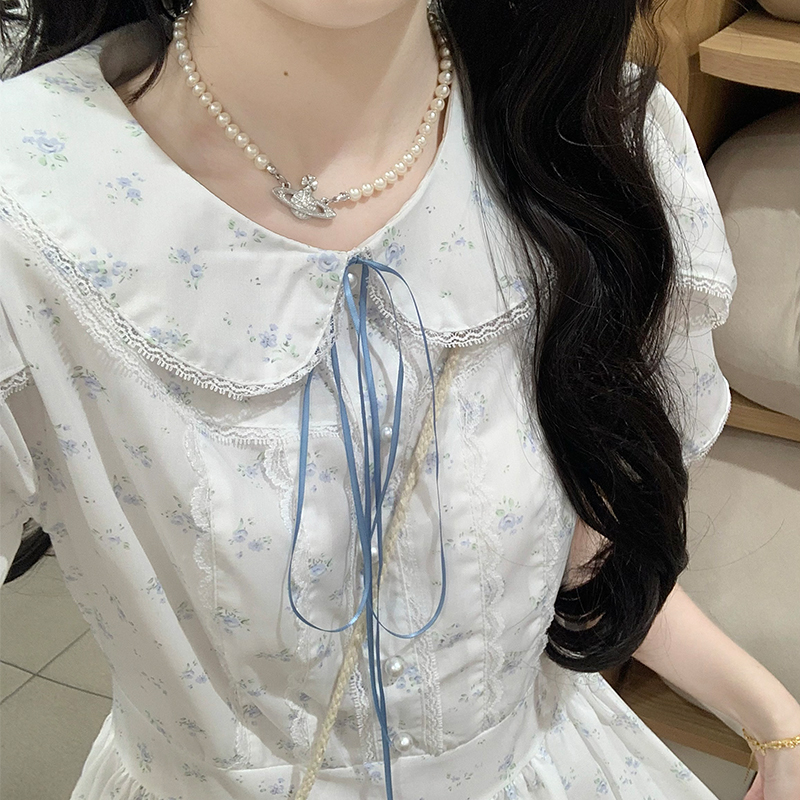 French Sweet Floral Dress Summer New Petite Preppy Bow Gentle Long Dress