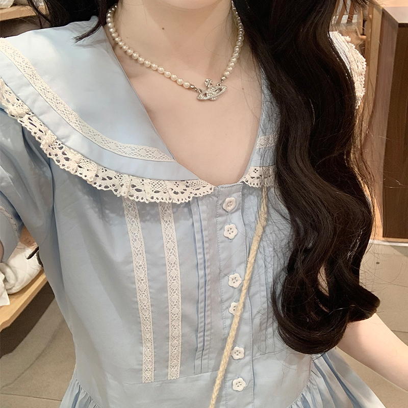 French Doll Collar Dress for Petite Women Blue Fresh Summer