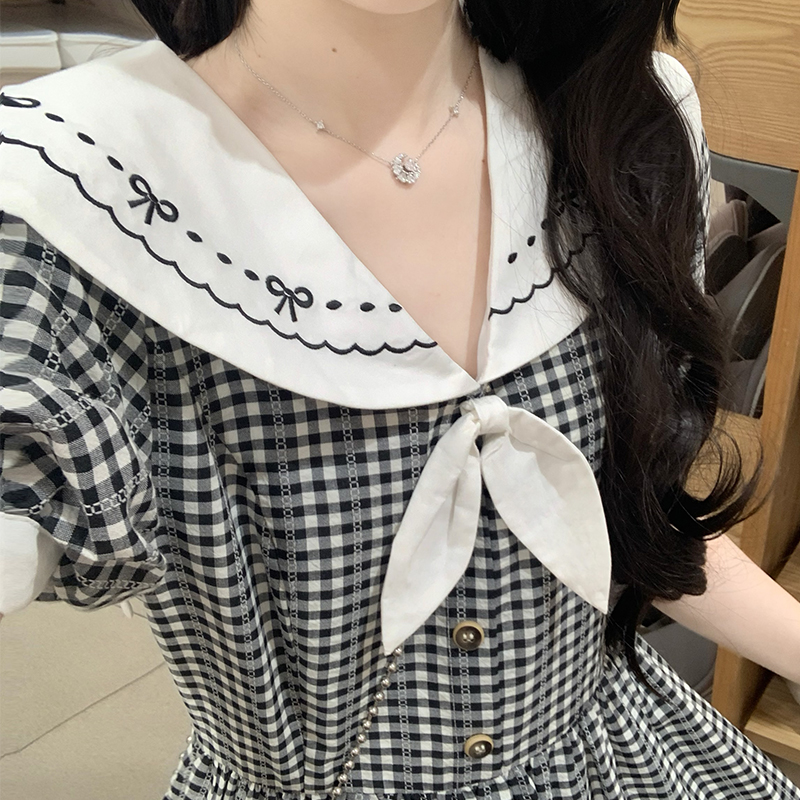 French Retro Bow Embroidered Doll Collar Plaid Dress Short Sleeve Women