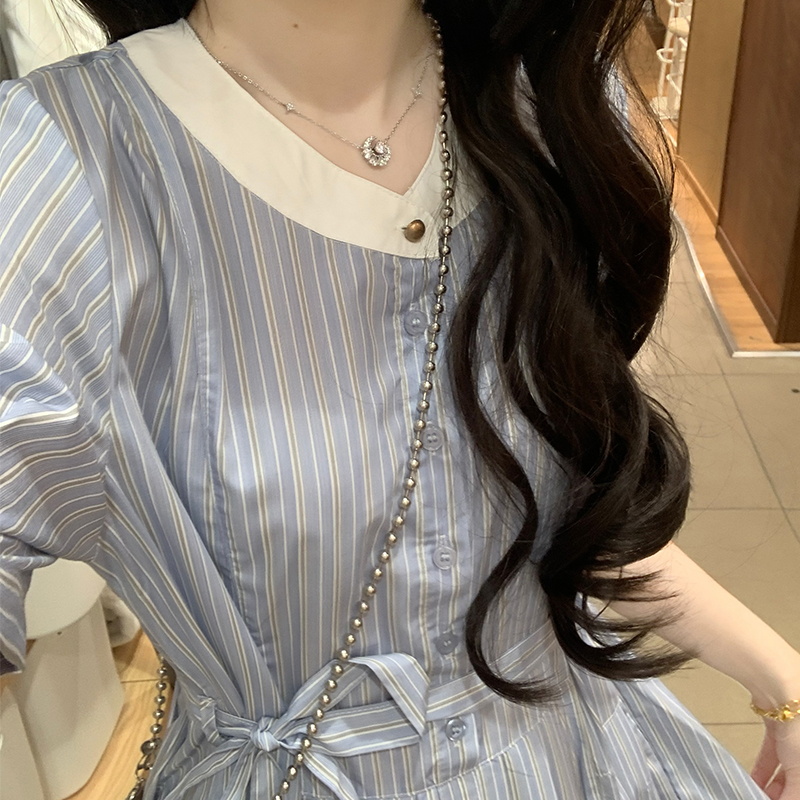 Blue Striped French Vintage Tie-Waist Midi Dress for Petite Women