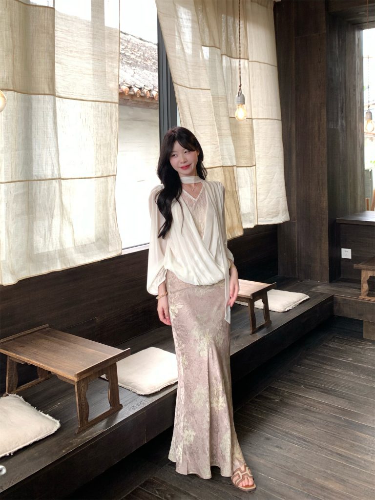 French Lace Panel Lantern Sleeve Shirt and High Waist Mermaid Skirt Set