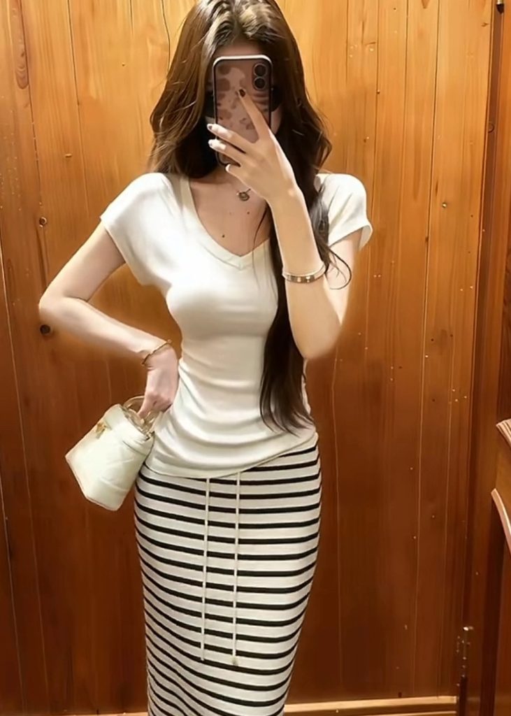 Women's Color Block Striped High Waist Midi Skirt Summer Korean Lazy Casual Slimming Petite Drape Straight Long Skirt