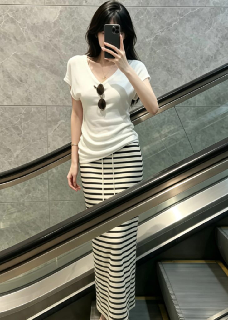 Women's Black and White Striped Drawstring Skirt Set Summer Korean Lazy Casual High Waist Slimming Drape Bodycon Long Skirt
