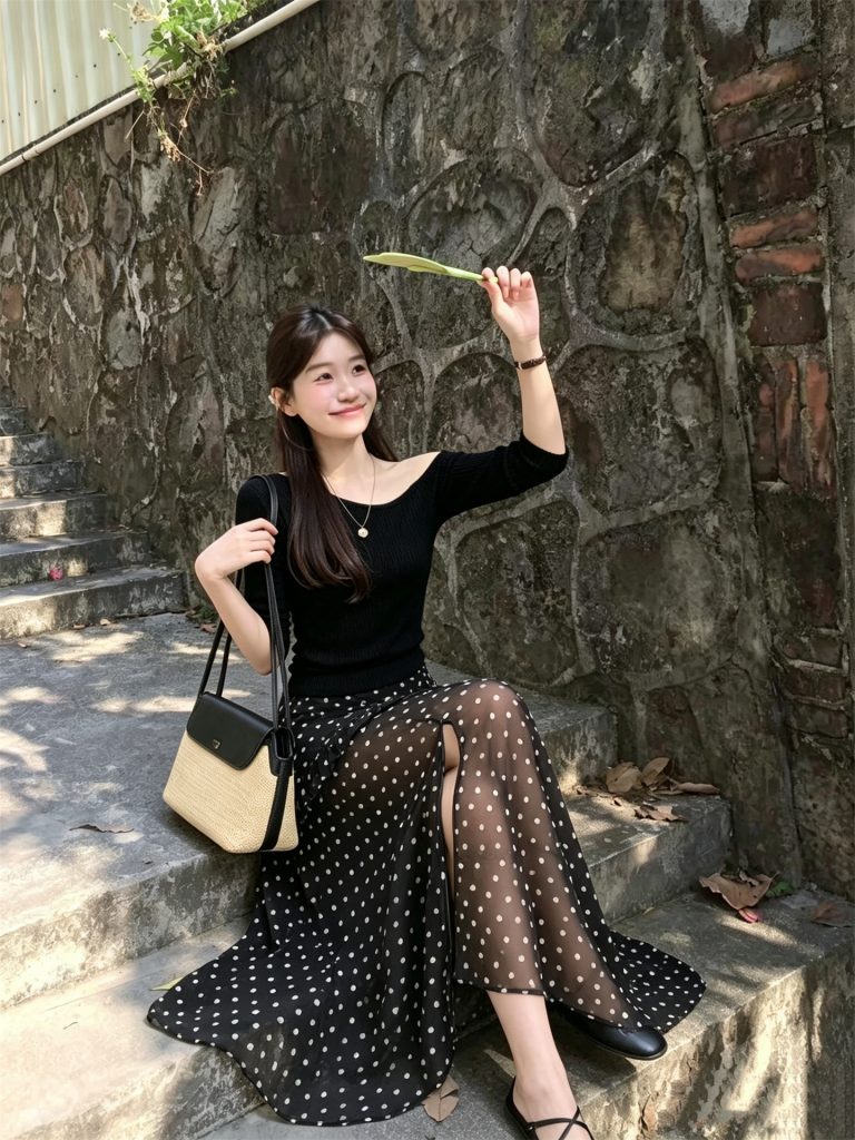 Two-Piece Knit Top and Polka Dot Asymmetrical Skirt Set