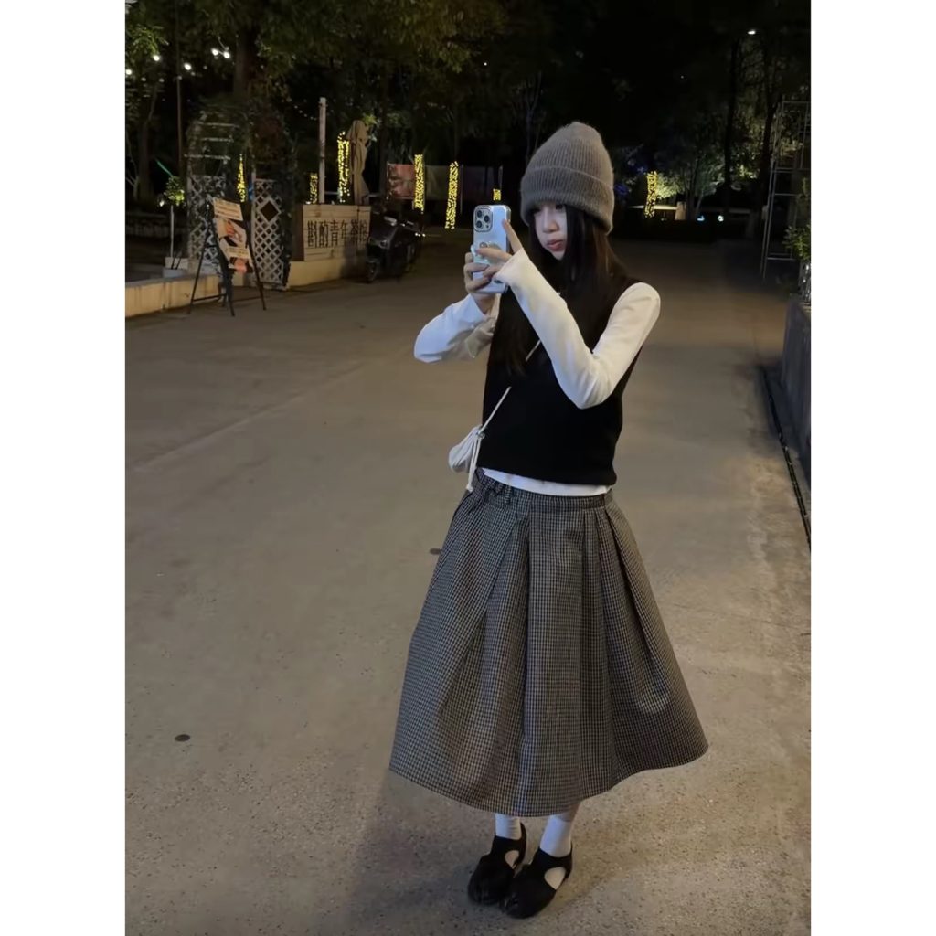Lazy Korean Style Sweater Vest with Base Layer and High Waist Plaid A-Line Skirt