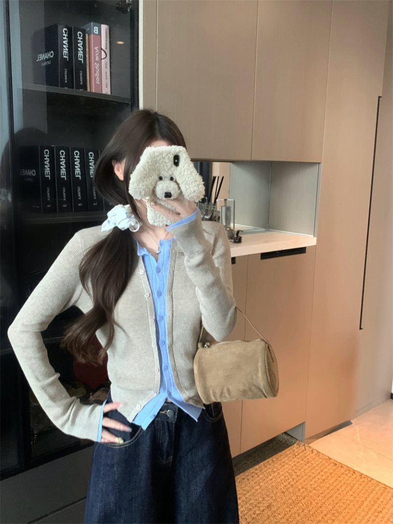 Korean Layered Fitted Women's Faux Two-Piece Color Block Knit Cardigan