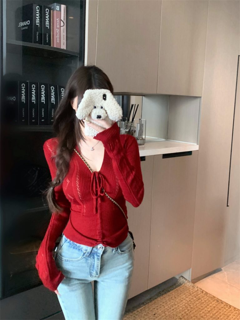 Women's V-Neck Bow Tie Drawstring Hollow Knit Sweater Early Autumn Long Sleeve Pullover Top