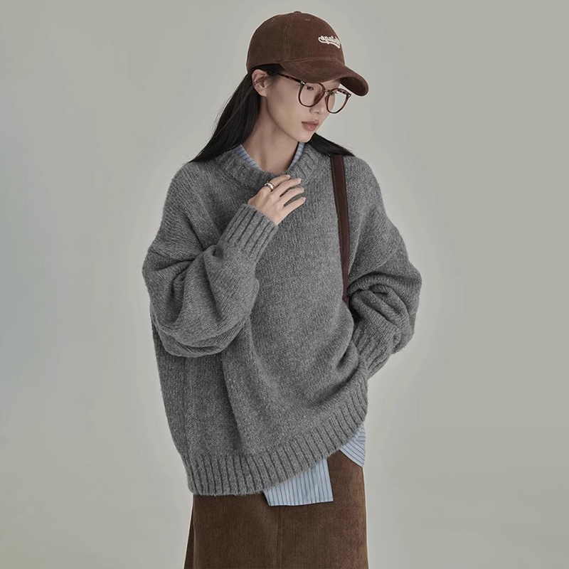 Japanese Retro Gray Sweater for Women Winter Crew Neck Loose Lazy Style Knit Top