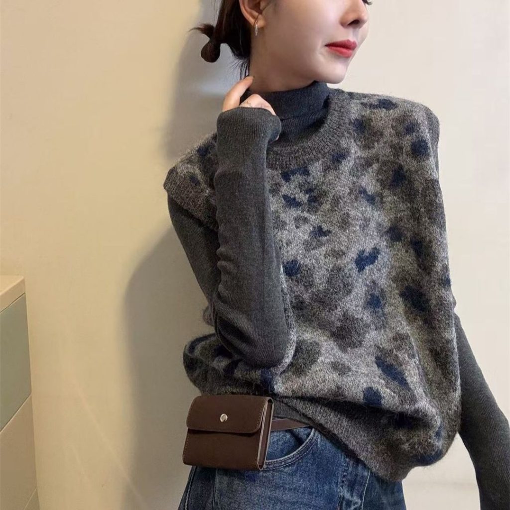 Autumn Winter New Gray Leopard Print Knit Sweater Vest Women Sleeveless Pullover Layering Top