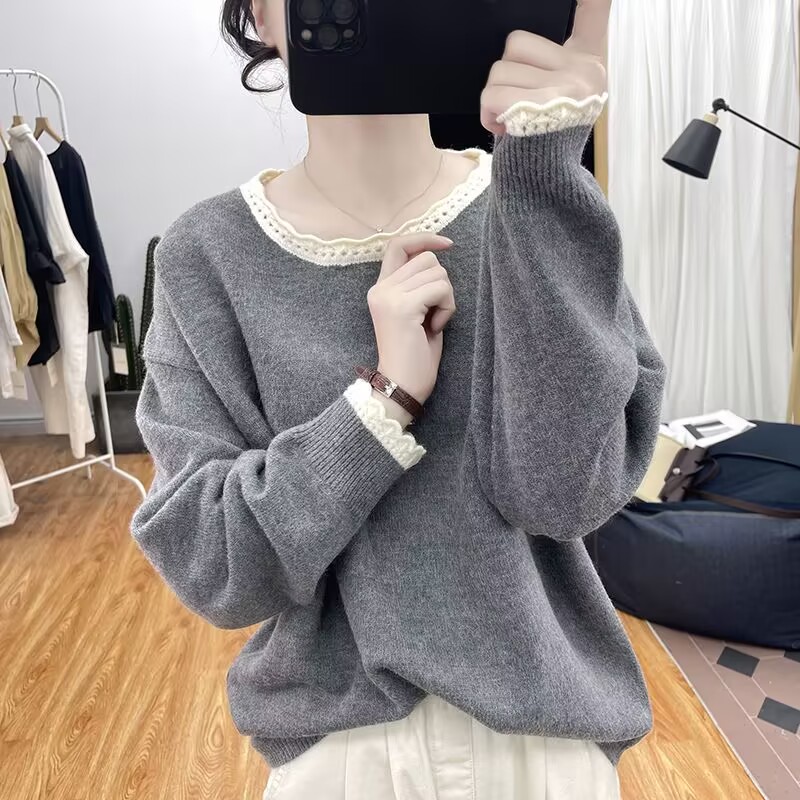 Women's Autumn Winter Thick Color Block Knit Sweater with Lace Collar